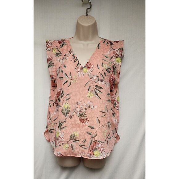 LOFT Pink Floral Flutter Sleeve V Neck Lined Tunic Blouse Size MP - Picture 2 of 7